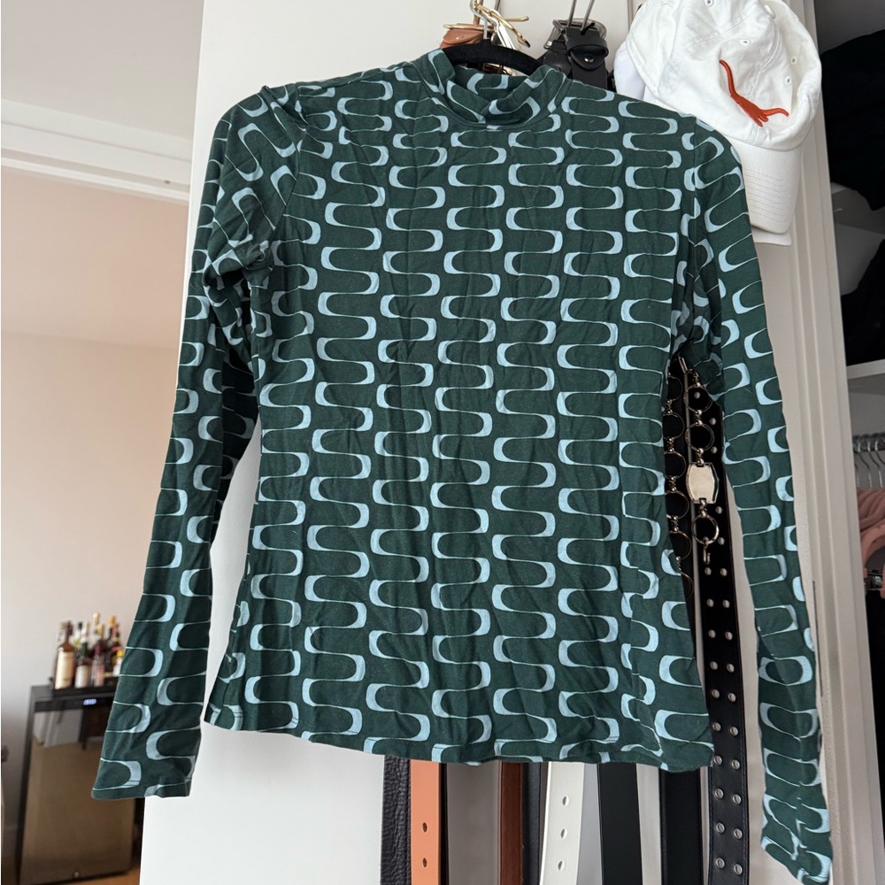 Reformation Dark Green Geometric Long Sleeve Blouse